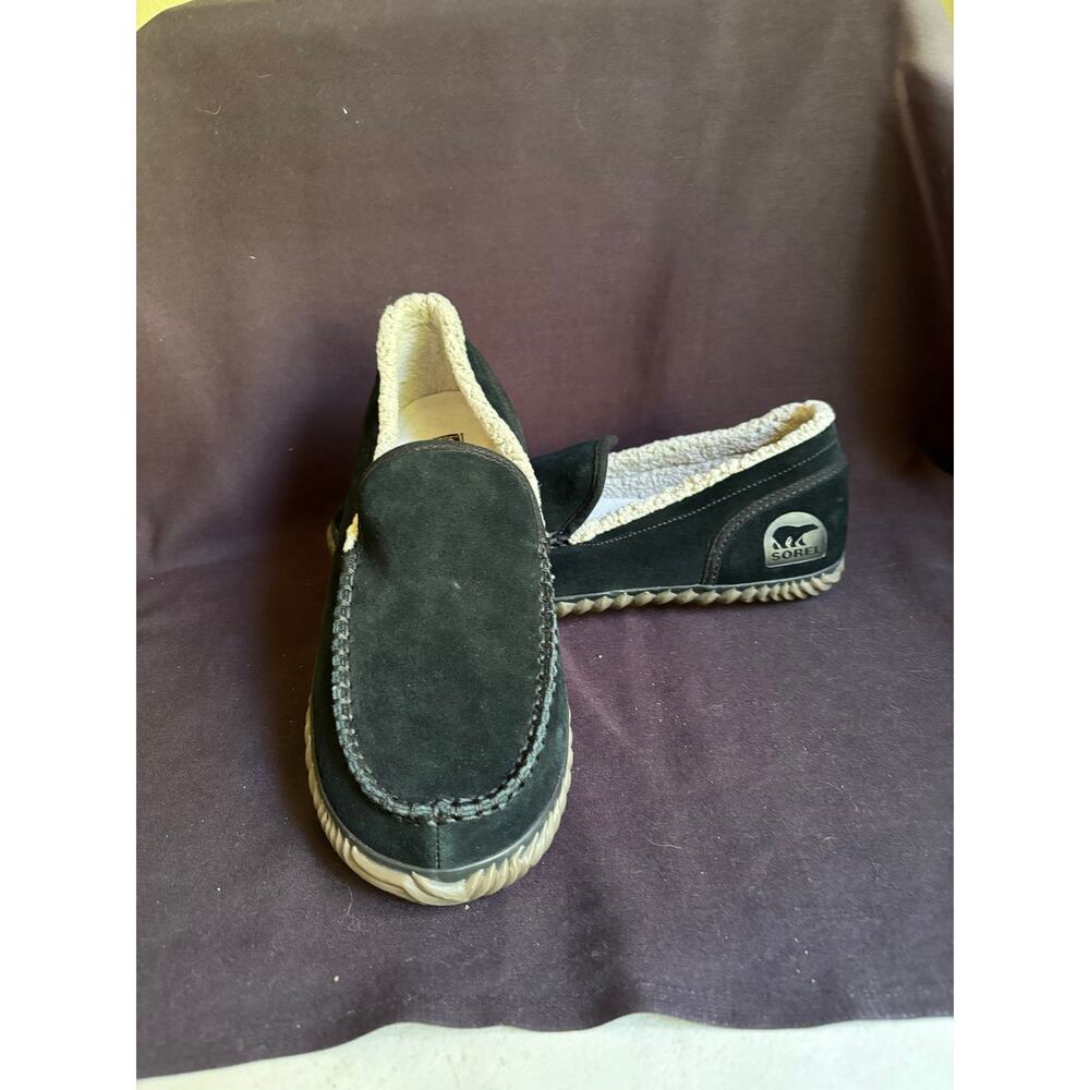 Men’s SOREL Dude Moc Mocassin Slippers Black Suede Lined Indoor Outdoor size 9.5